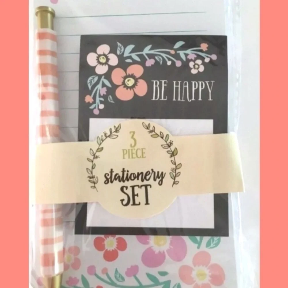 Stationery Set Pen List Pad Notes Be Happy Floral Garden Party Spring Desk Decor